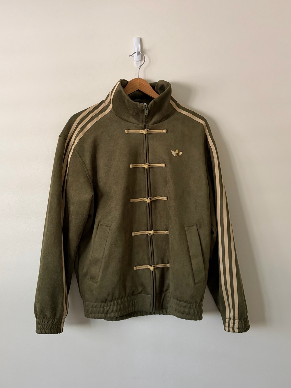 adidas Olive Green Bomber Tang Jacket with Cream Stripe Accents